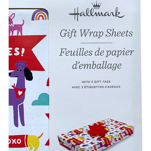 Hallmark Valentine Hugs Kisses XOXO Cute Pets 20"x30" Gift Wrap Set NEW NIP - Picture 6 of 8